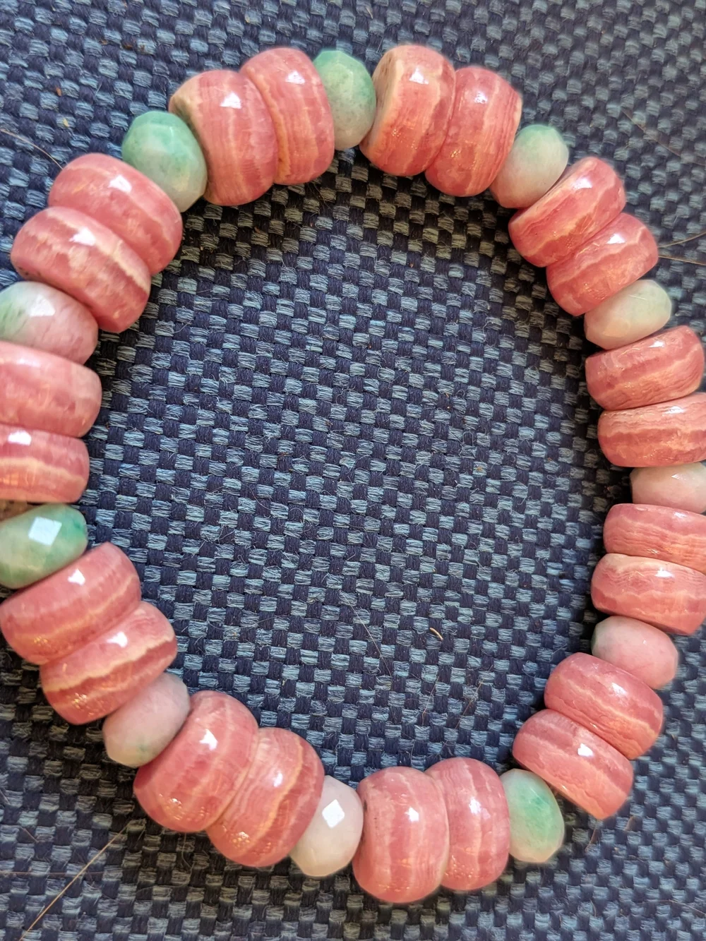 Rhodochrosite Pink Beaded Stretch Bracelet with Subtle Jade Accents